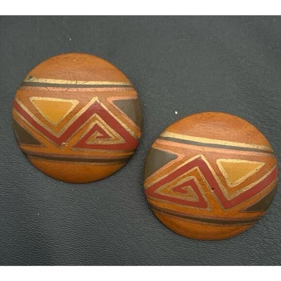 Vintage Hand Painted Large Wooden Pierced Earrings Boho Tribal - Picture 2 of 4